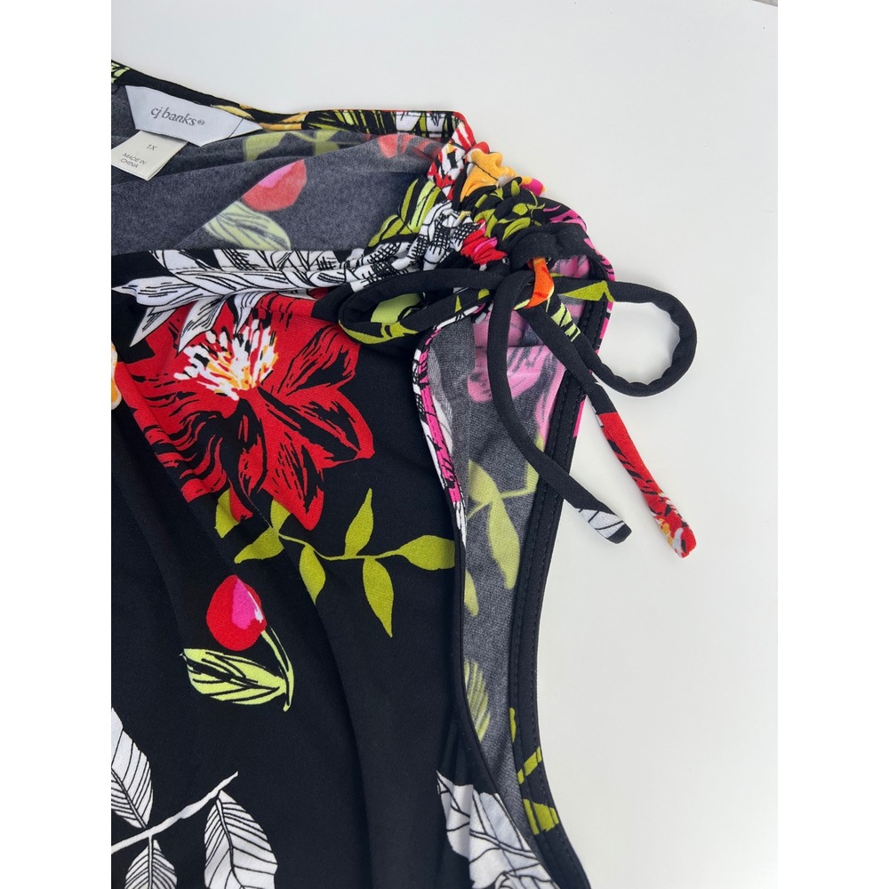CJ Banks Tropical Floral Midi Dress 1X Black‎ Pineapple Fruit Faux Wrap Cruise - Picture 3 of 9